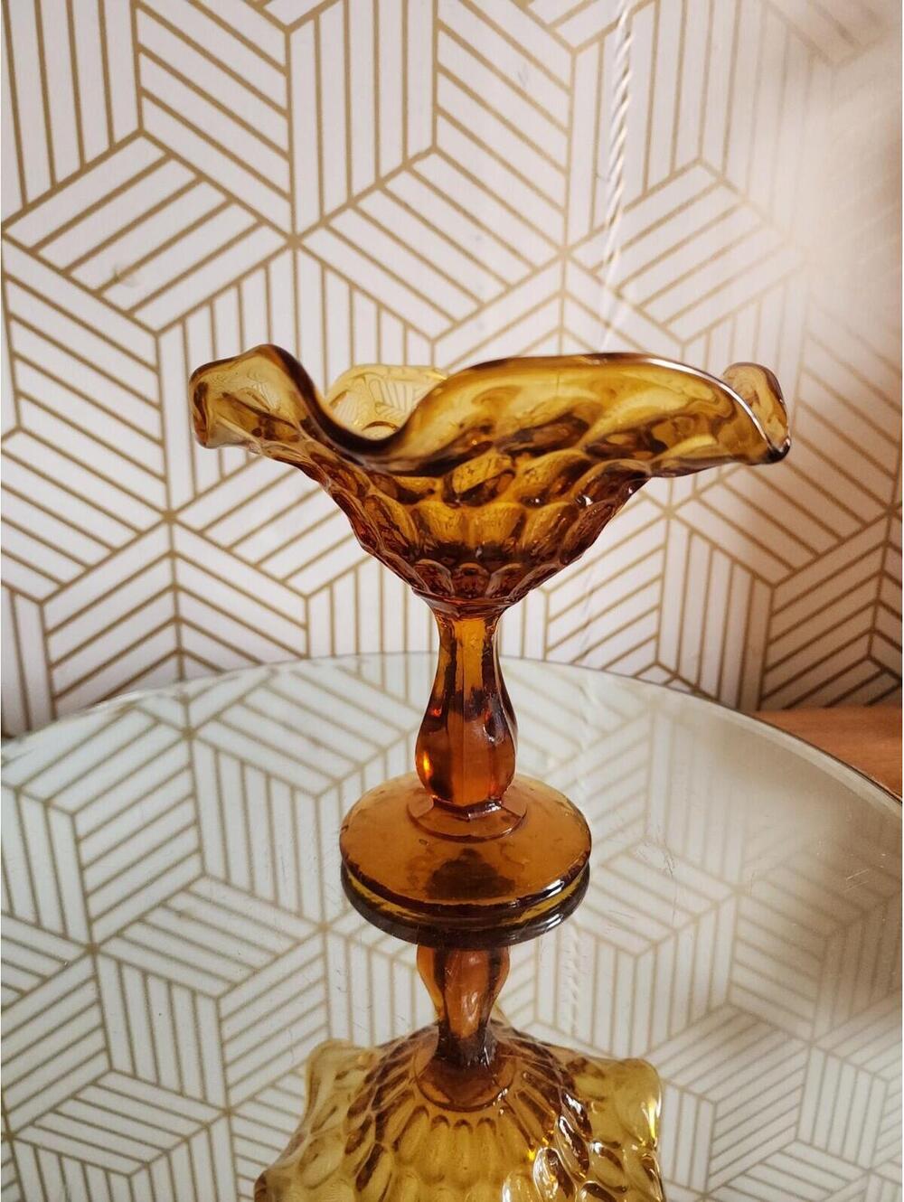 Vintage Fenton Amber Thumbprint Glass Pedestal Compote